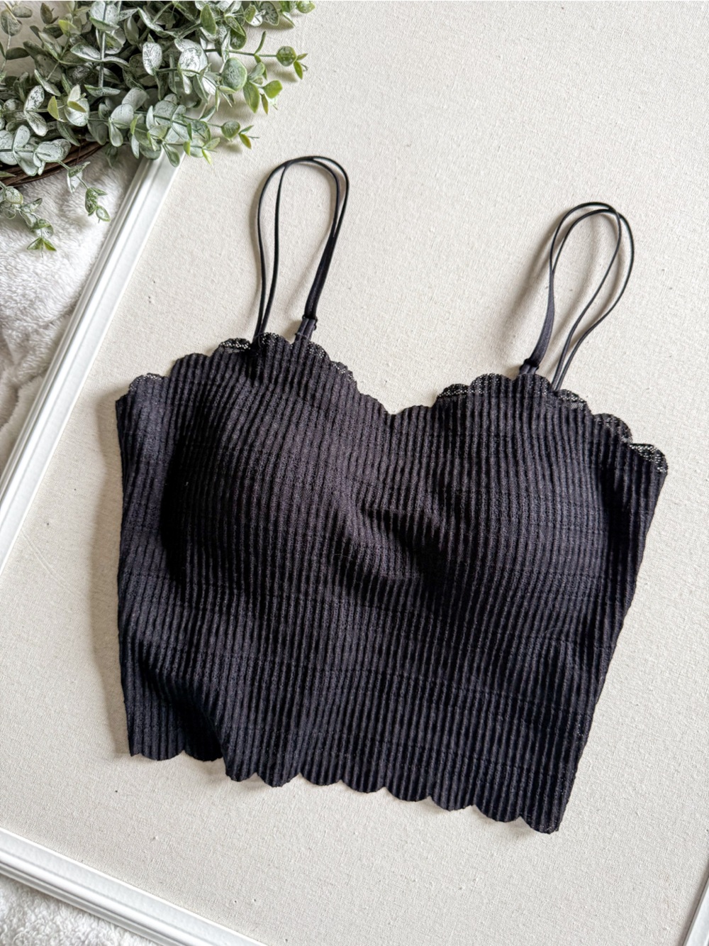 Black Ribbed Crop Cami Lace Trim Double Strap Bralette Tank